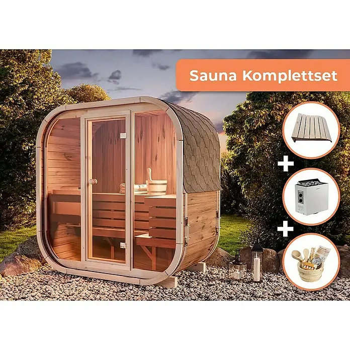 FinnTherm Fasssauna Comfort Set Ellipso M - Elektroofen, Holz - Komplettes Saunaset mit Fasssauna, Ofen, Rückenlehne und Zubehör für ein entspannendes Saunaerlebnis im eigenen Garten.