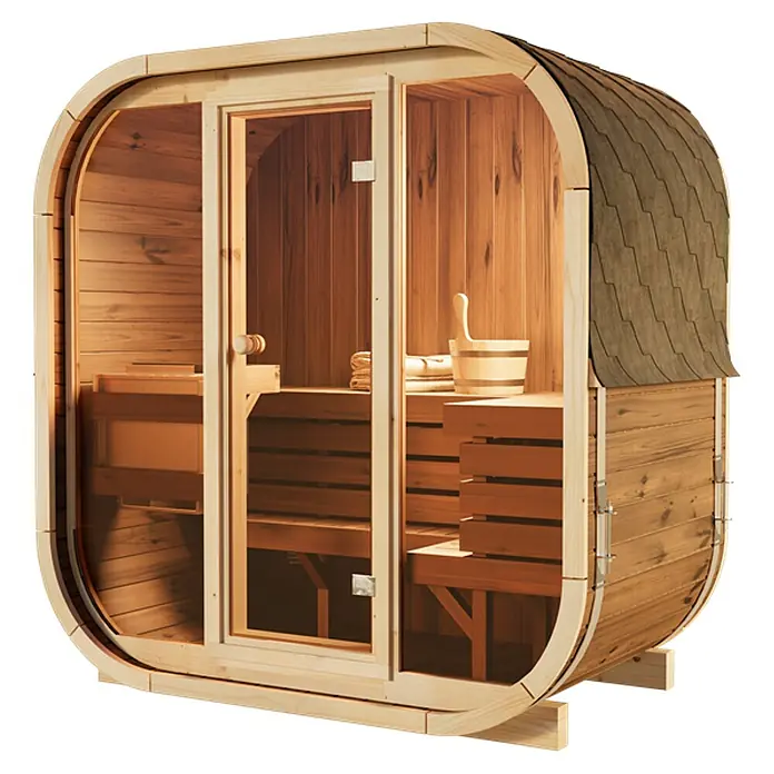 FinnTherm Fasssauna Comfort Set Ellipso M - Elektroofen, Holz - Ein rechteckige Sauna mit abgerundeten Kanten und einer gläsernen Tür, die einen Blick auf die Holzbänke im Inneren ermöglicht.
