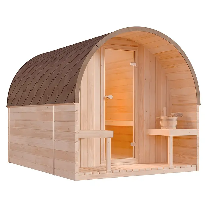 FinnTherm Fasssauna ScandiPod Premium - Holz - Holzfass-Sauna mit Glastür und Sitzbank. Die perfekte Ergänzung für Ihren Garten zur Entspannung und Erholung.
