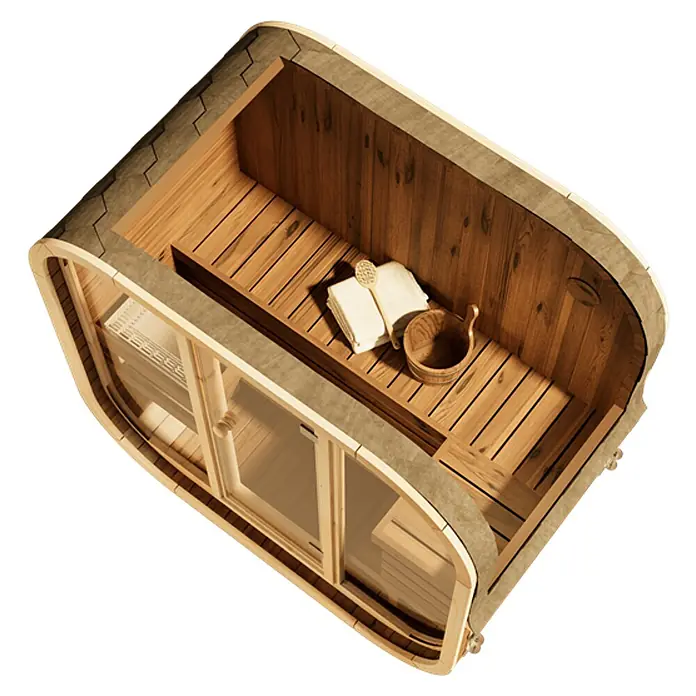 FinnTherm Fasssauna Comfort Set Ellipso M - Elektroofen, Holz - Eine moderne Sauna mit Holzverkleidung, Glasfront und Zubehör wie Handtüchern und einem Holzeimer. Ideal für Entspannung und Wellness.
