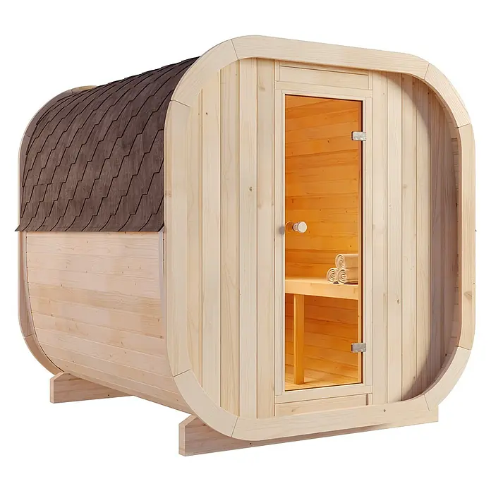 FinnTherm Fasssauna ScandiCube Comfort - Holz - Ein Fass-Sauna-Bausatz mit einer Glastür und einem braunen Schindeldach ist abgebildet. Ideal für den Garten.
