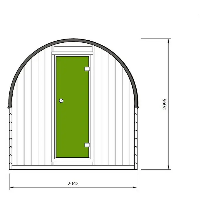 FinnTherm Fasssauna ScandiPod Comfort - Holz - Schemazeichnung einer Fasssauna mit Maßen. Die runde Sauna hat eine grüne Tür in der Mitte und ist detailreich dargestellt.