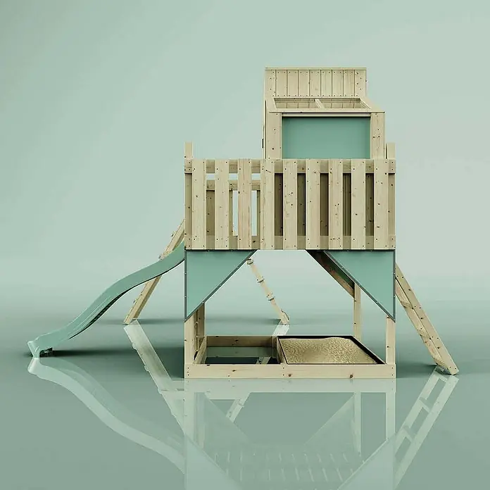 OutdoorToys Klettergerüst Finn - 472 x 415 x 292 cm, Holz, Grün - Holzspielturm mit Rutsche und Leiter für Kinder zum Spielen im Garten. Der Spielturm bietet viel Spaß und fördert die kindliche Entwicklung.