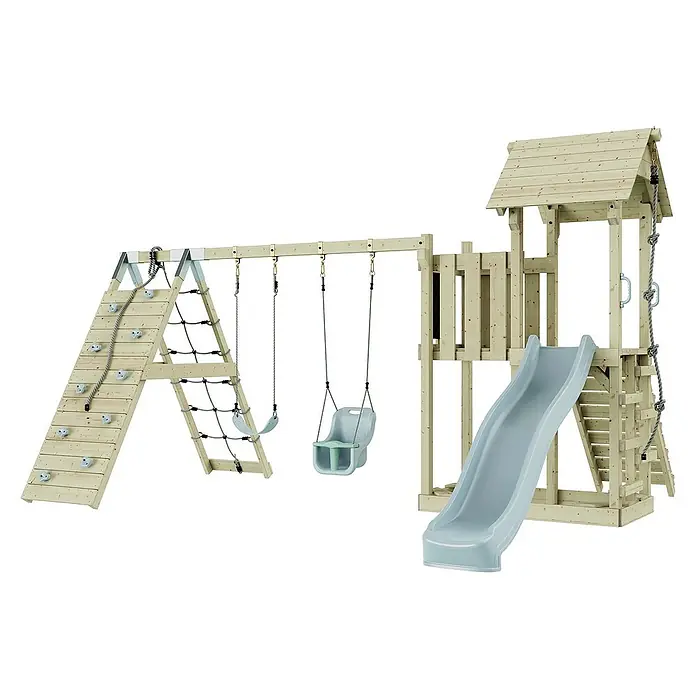 OutdoorToys Klettergerüst Roskilde - Holz, Blau - Ein vielseitiges Spielgerüst aus Holz mit Rutsche, Schaukeln, Kletterwand und Turm für stundenlangen Spielspaß im Garten.