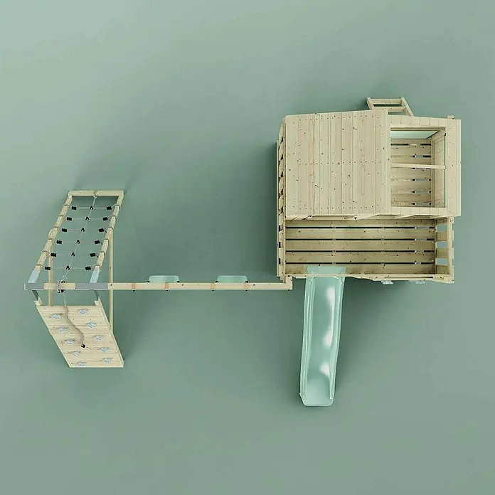 OutdoorToys Klettergerüst Finn - 472 x 415 x 292 cm, Holz, Grün - Spielplatzgerät mit Kletterwand, Hängebrücke, Spielhaus und Rutsche für Kinder zum Spielen und Austoben im Freien.