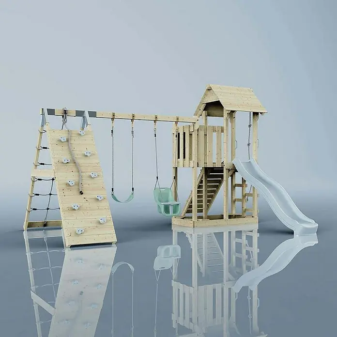 OutdoorToys Klettergerüst Roskilde - Holz, Blau - Spielplatz mit Kletterwand, Schaukeln und Rutsche. Das Holzspielgerät bietet viel Spaß im Garten für Kinder.
