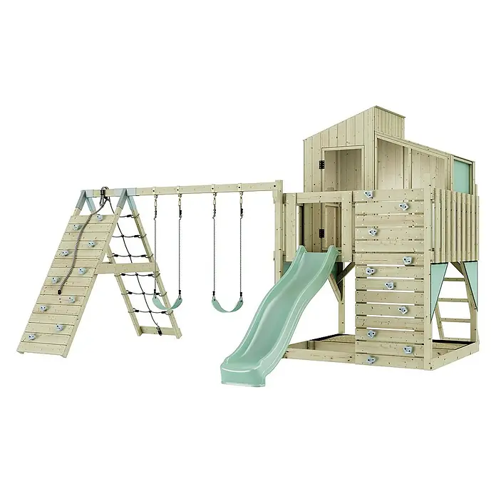 OutdoorToys Klettergerüst Finn - 472 x 415 x 292 cm, Holz, Grün - Holz-Spielplatz mit Schaukeln, Rutsche und Kletterwand für Kinder zum Austoben. Ideal für den Garten!