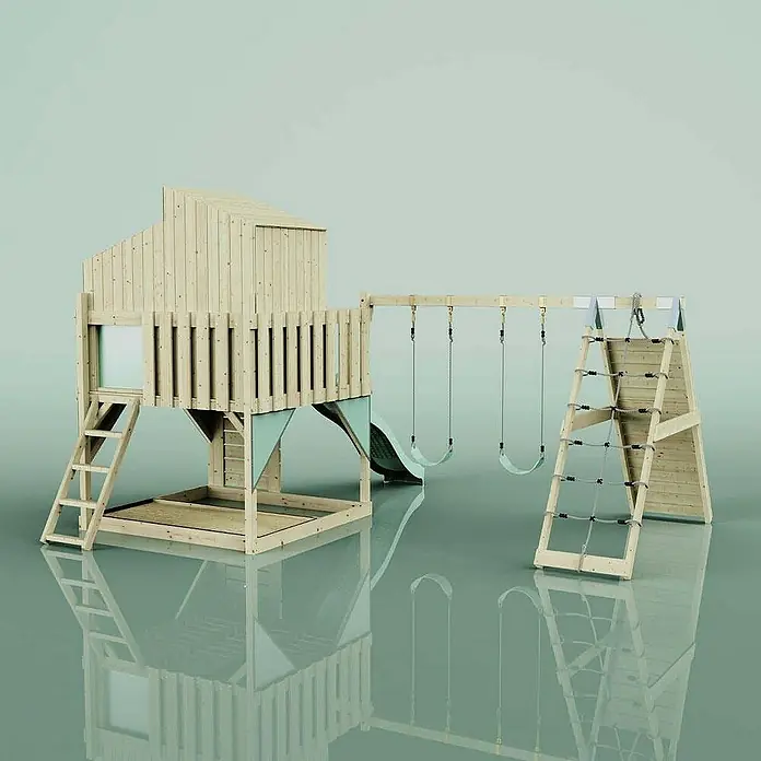 OutdoorToys Klettergerüst Finn - 472 x 415 x 292 cm, Holz, Grün - Holzspielplatz mit Turm, Rutsche, Schaukeln und Kletternetz für Kinder zum Spielen und Austoben im Garten.