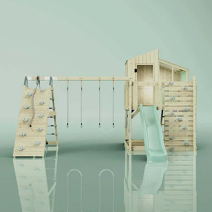 OutdoorToys Klettergerüst Finn - 472 x 415 x 292 cm, Holz, Grün - Abenteuerlicher Holzspielplatz mit Kletterwand, Schaukeln und Rutsche für unvergesslichen Spielspaß im Garten.