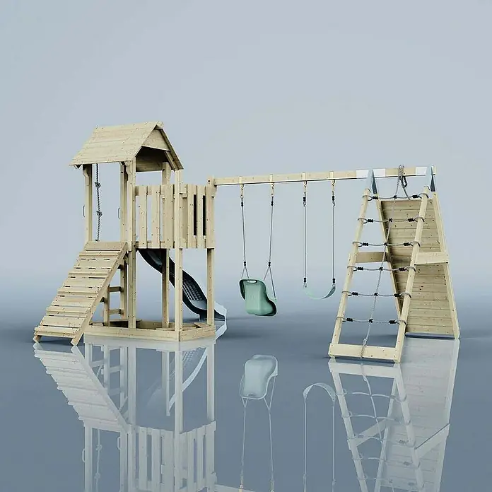 OutdoorToys Klettergerüst Roskilde - Holz, Blau - Holzspielplatz mit Turm, Rutsche, Schaukeln und Kletterwand für stundenlangen Spielspaß im Garten. Perfekt für aktive Kinder!