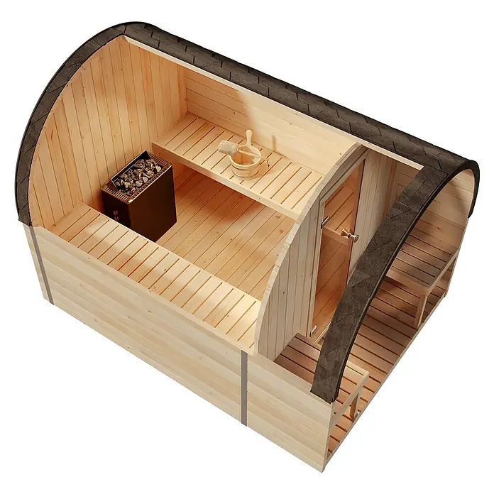 FinnTherm Fasssauna ScandiPod Premium - Holz - Innenansicht einer Fasssauna mit Holzofen, Bänken und Zubehör für ein entspannendes Saunaerlebnis.