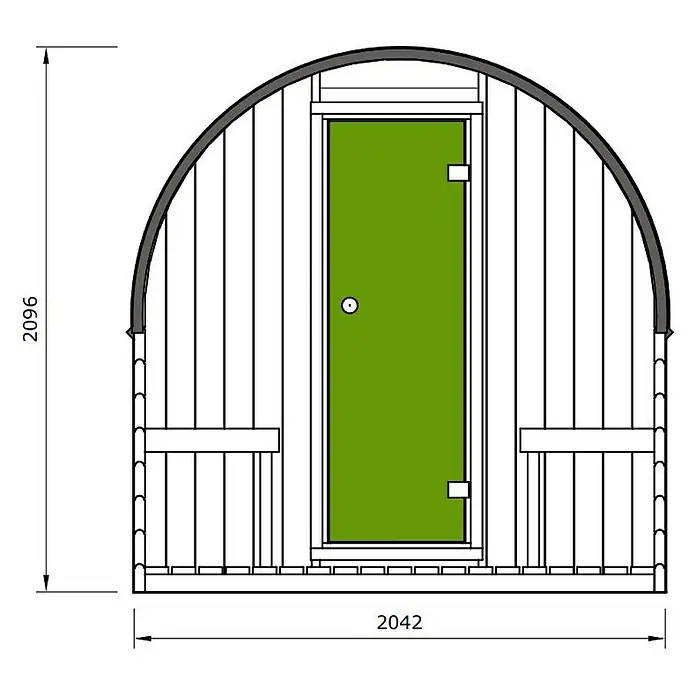 FinnTherm Fasssauna ScandiPod Premium - Holz - Abbildung einer Sauna mit gewölbtem Dach und einer grünen Tür, die einen modernen und einladenden Eindruck vermittelt.