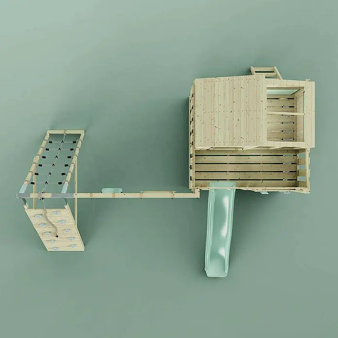 OutdoorToys Klettergerüst Finn - 472 x 415 x 292 cm, Holz, Grün - Spielplatz-Klettergerüst aus Holz mit Rutsche, Kletterwand und Netzbrücke für Kinder zum Spielen und Toben im Garten.