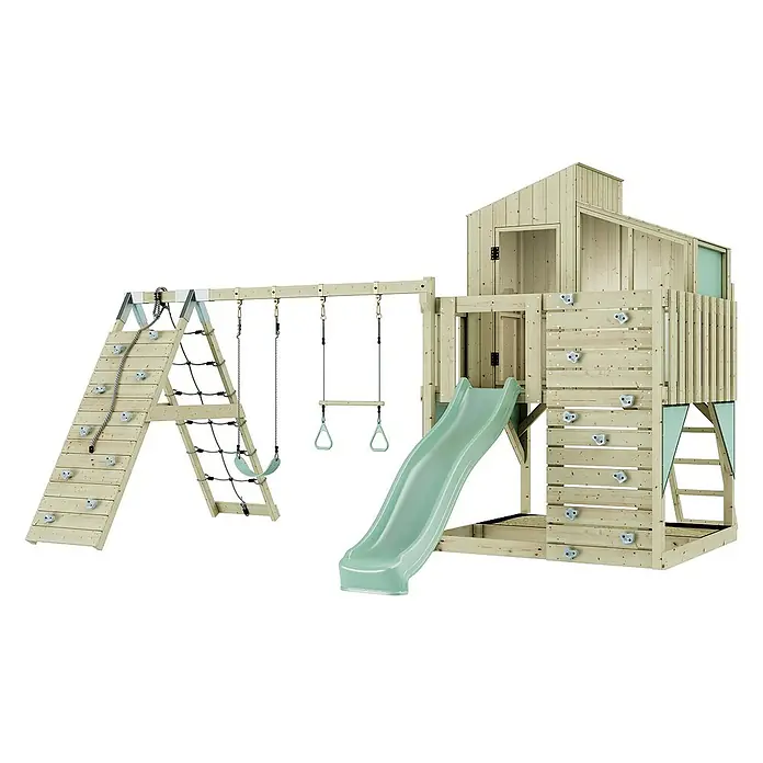 OutdoorToys Klettergerüst Finn - 472 x 415 x 292 cm, Holz, Grün - Ein hölzerner Spielturm mit Schaukel, Rutsche und Kletterwand für Kinder zum Spielen und Spaß haben im Garten.
