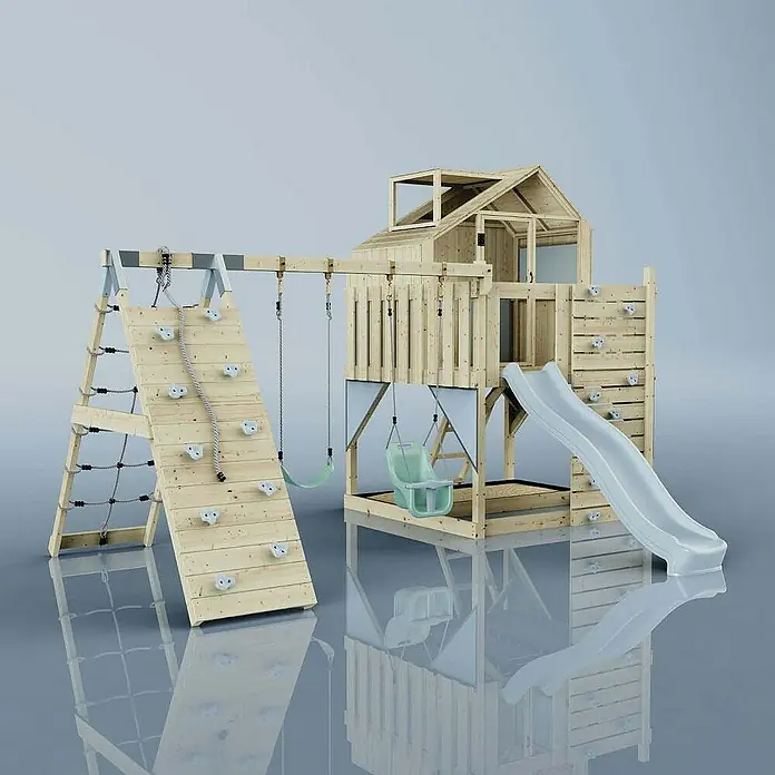 OutdoorToys Klettergerüst Oscar - 472 x 415 x 292 cm, Holz, Blau - Holz-Klettergerüst mit Schaukel und Rutsche für Kinder zum Spielen und Toben im Garten. Spaß pur für die Kleinen!