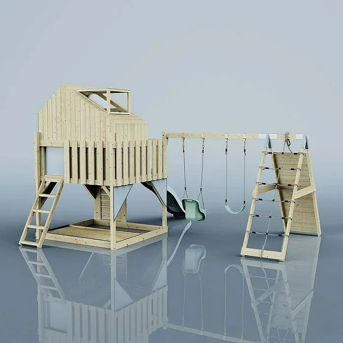 OutdoorToys Klettergerüst Oscar - 472 x 415 x 292 cm, Holz, Blau - Ein hölzernes Spielhaus mit Schaukel und Kletterwand, ideal für den Garten, um Kindern stundenlangen Spielspaß zu bieten.