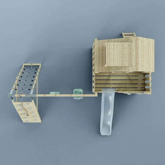 OutdoorToys Klettergerüst Oscar - 472 x 415 x 292 cm, Holz, Blau - Top-Ansicht eines Holzspielplatzes mit Rutsche, Kletterwand und Hängebrücke, ideal für fantasievolles Spielen im Freien.
