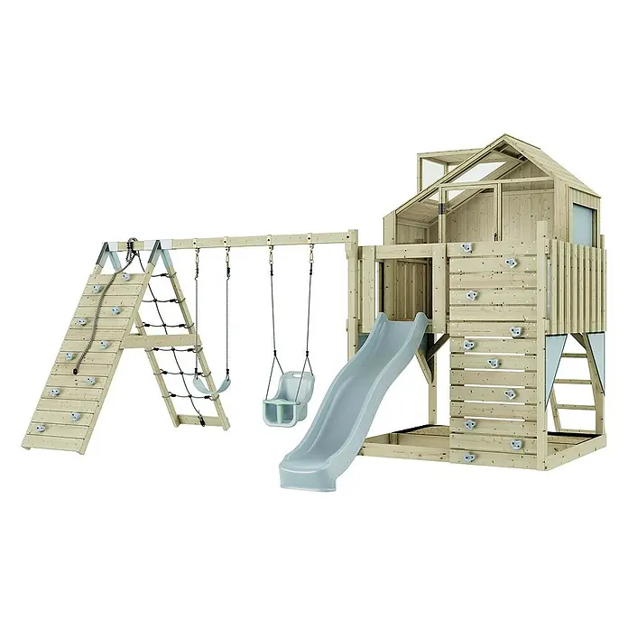 OutdoorToys Klettergerüst Oscar - 472 x 415 x 292 cm, Holz, Blau - Hölzernes Spielhaus mit Schaukel, Rutsche und Kletterwand für Kinder zum Austoben im Garten. Ideal für aktive Outdoor-Unterhaltung.
