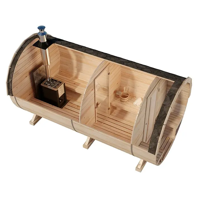 FinnTherm Fasssauna Charlotte - Holz - Innenansicht einer Fasssauna mit Ofen, Holzbänken und Glasabtrennung, die ein entspannendes Wellnesserlebnis verspricht.