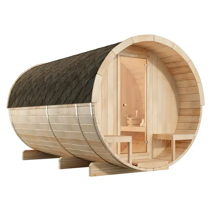 FinnTherm Fasssauna Charlotte - Holz - Ein Fass-Sauna-Bausatz mit Tür, Dach und Bänken. Genießen Sie mit dieser Fass-Sauna Entspannung und Wärme im eigenen Garten.