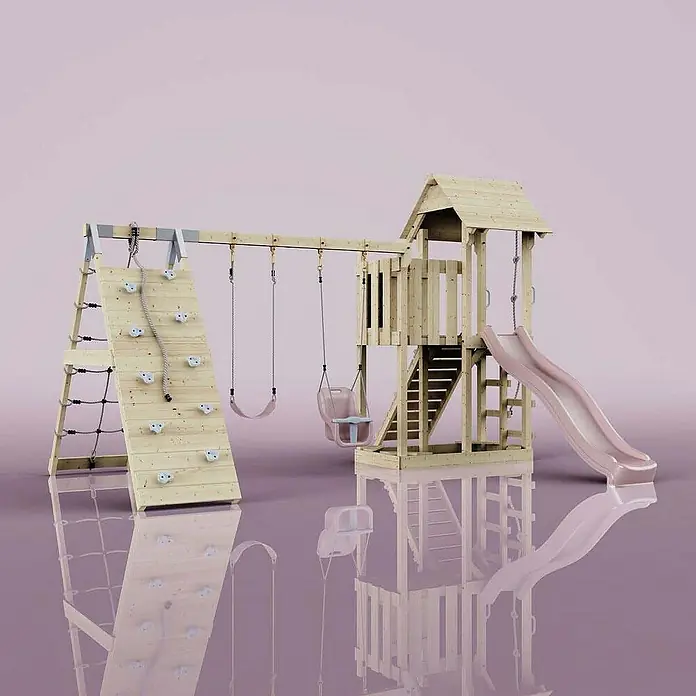 OutdoorToys Klettergerüst Roskilde - Holz, Rosa - Ein hölzernes Spielgerüst mit Schaukeln, Kletterwand und Rutsche. Perfekt für stundenlangen Spaß im Garten für Kinder jeden Alters.