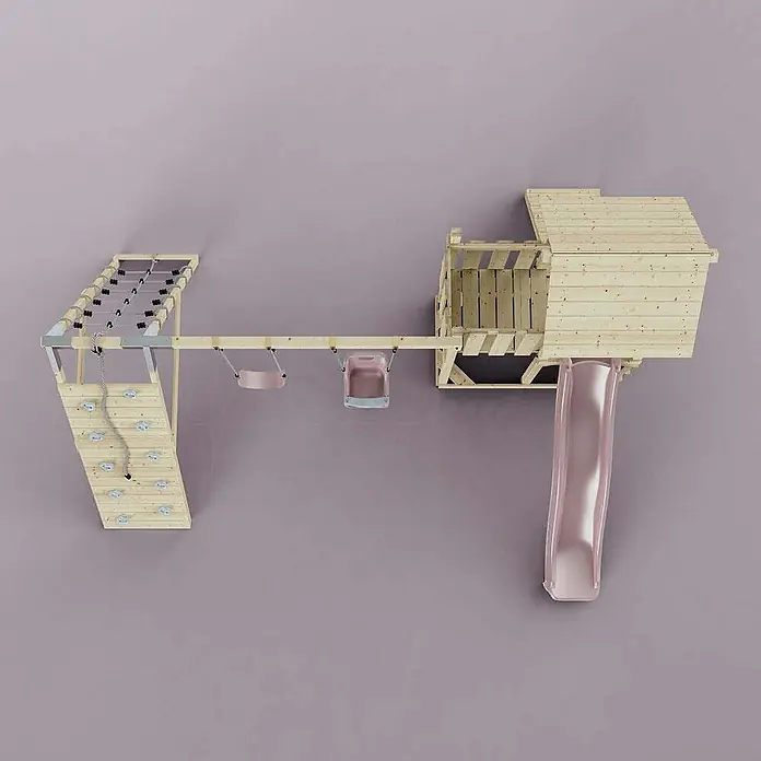 OutdoorToys Klettergerüst Roskilde - Holz, Rosa - Übersicht des Klettergerüsts mit Rutsche, Schaukel und Kletterwand für abenteuerlichen Spielspaß im Freien.