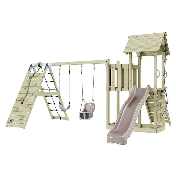OutdoorToys Klettergerüst Roskilde - Holz, Rosa - Hölzernes Spielplatzgerät mit Schaukeln, Rutsche, Kletterwand und Seilleiter für aktiven Spaß im Garten.