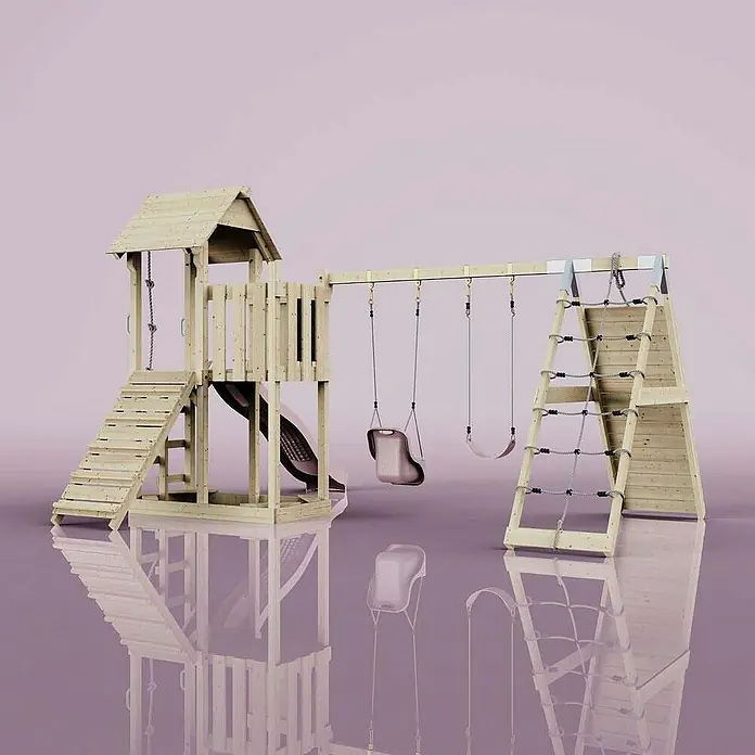 OutdoorToys Klettergerüst Roskilde - Holz, Rosa - Ein Holzspielplatz mit Turm, Rutsche, Schaukeln und Kletterwand. Ideal für Kinder zum Spielen und Spaß haben im Freien.