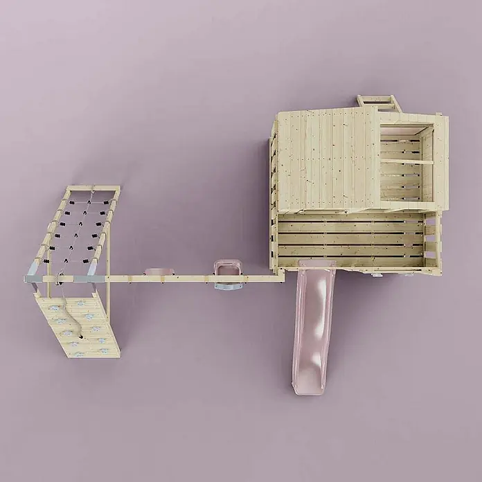 OutdoorToys Klettergerüst Finn Babyschaukel; - Holz, Rosa - Ansicht von oben auf ein Kinderspielhaus mit Rutsche, Kletterwand und Hängebrücke für Outdoor-Abenteuer im Garten.