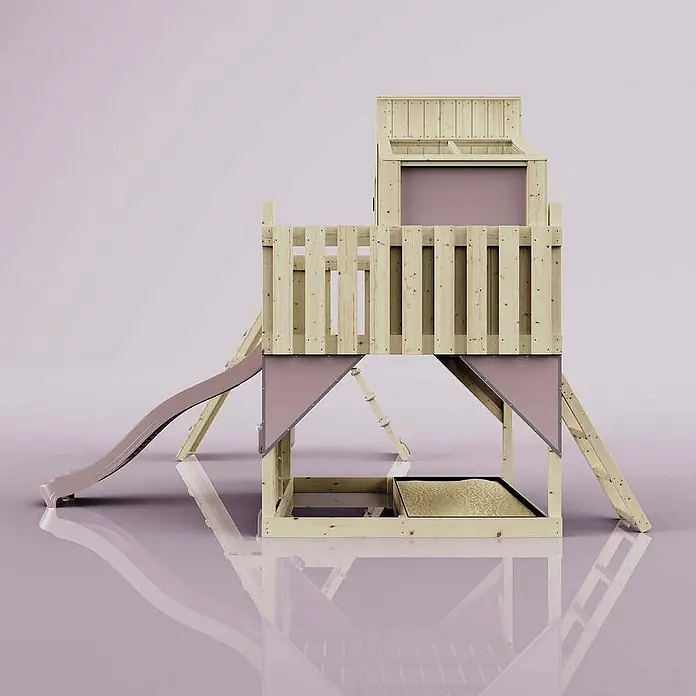 OutdoorToys Klettergerüst Finn Babyschaukel; - Holz, Rosa - Hölzerner Spielturm mit Rutsche und Sandkasten für Kinder, ideal für den Garten.