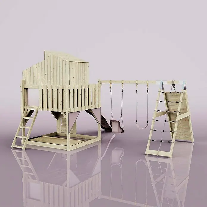 OutdoorToys Klettergerüst Finn Babyschaukel; - Holz, Rosa - Das Bild zeigt einen hölzernen Spielplatz mit Schaukeln, Rutsche und Klettergerüst, ideal für Kinder zum Spielen und Austoben im Freien.