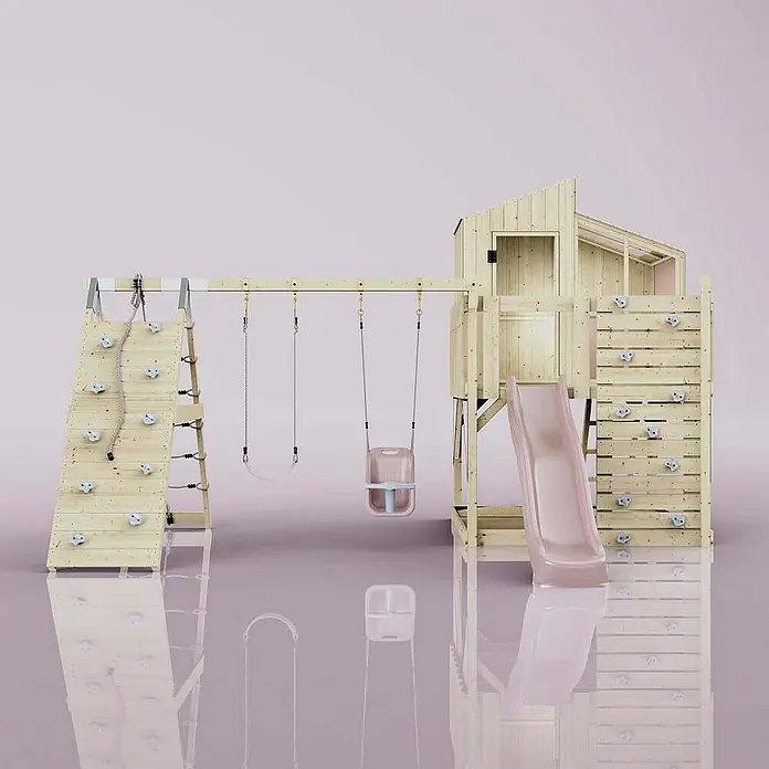 OutdoorToys Klettergerüst Finn Babyschaukel; - Holz, Rosa - Spielplatzgerät mit Kletterwand, Schaukeln und Rutsche für stundenlangen Spaß im Freien. Perfekt für aktive Kinder.