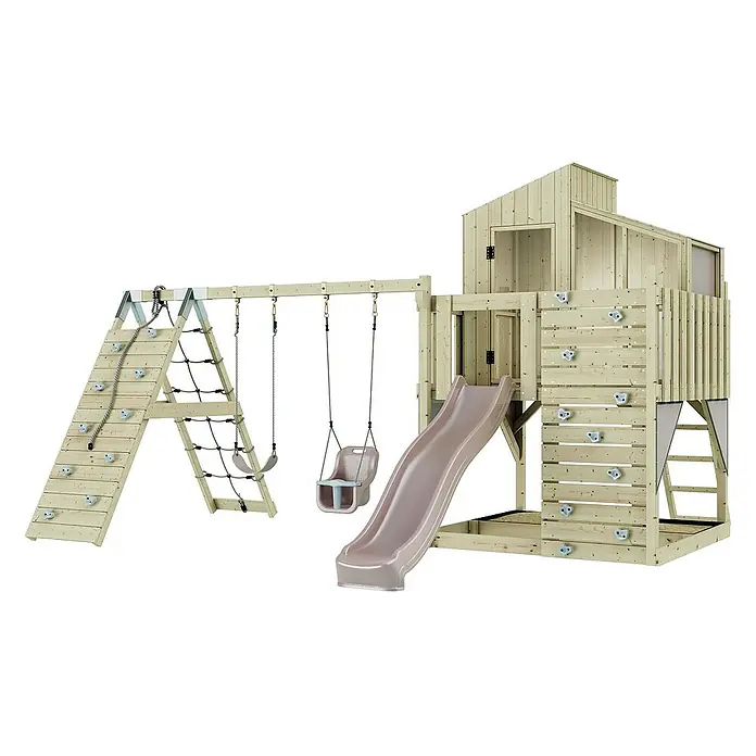 OutdoorToys Klettergerüst Finn Babyschaukel; - Holz, Rosa - Holzspielplatz mit Schaukeln, Rutsche und Kletterwand für stundenlangen Spaß im Freien. Perfekt für aktive Kinder.