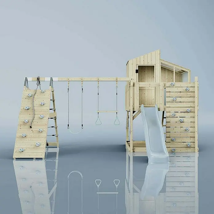 OutdoorToys Klettergerüst Finn - 472 x 415 x 292 cm, Holz, Blau - Ein hölzerner Spielplatz mit Kletterwand, Rutsche und Schaukeln bietet stundenlangen Spaß für Kinder im Garten.