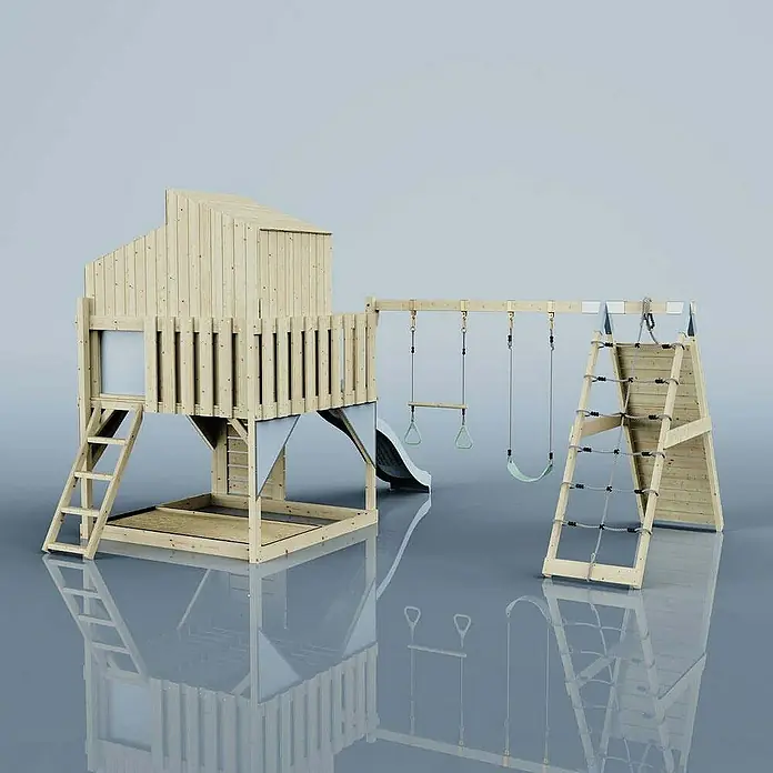 OutdoorToys Klettergerüst Finn - 472 x 415 x 292 cm, Holz, Blau - Holzspielturm mit Rutsche, Schaukeln und Kletternetz. Ideal für Kinder, um draußen aktiv zu sein und Spaß zu haben.