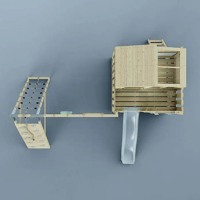 OutdoorToys Klettergerüst Finn - 472 x 415 x 292 cm, Holz, Blau - Top-Ansicht eines Holzspielplatzes mit Rutsche, Kletterwand und Netz, ideal für den Garten.