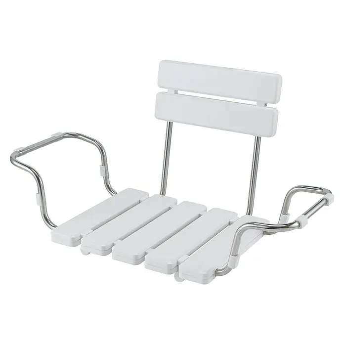 careosan Badewannensitz - 50 x 30 x 88 cm, Belastbarkeit: 110 kg, Weiß/Chrom - Abgebildet ist ein Duschsitz mit Rückenlehne und Armlehnen. Der Duschsitz hat eine weiße Sitzfläche und eine silberfarbene Metallkonstruktion.