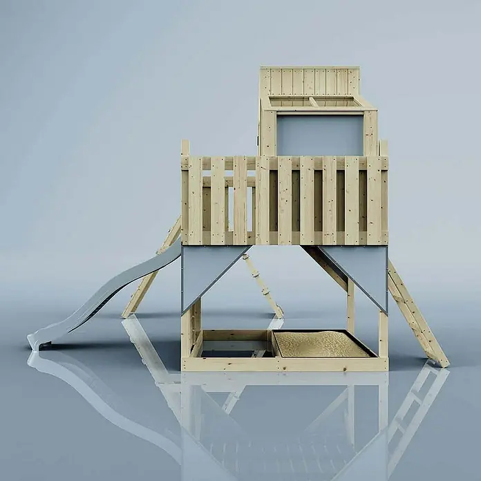 OutdoorToys Klettergerüst Finn - 472 x 415 x 292 cm, Holz, Blau - Detailaufnahme eines hölzernen Kinderspielhauses mit Rutsche und Leiter, ideal für Spiel und Spaß im Freien.