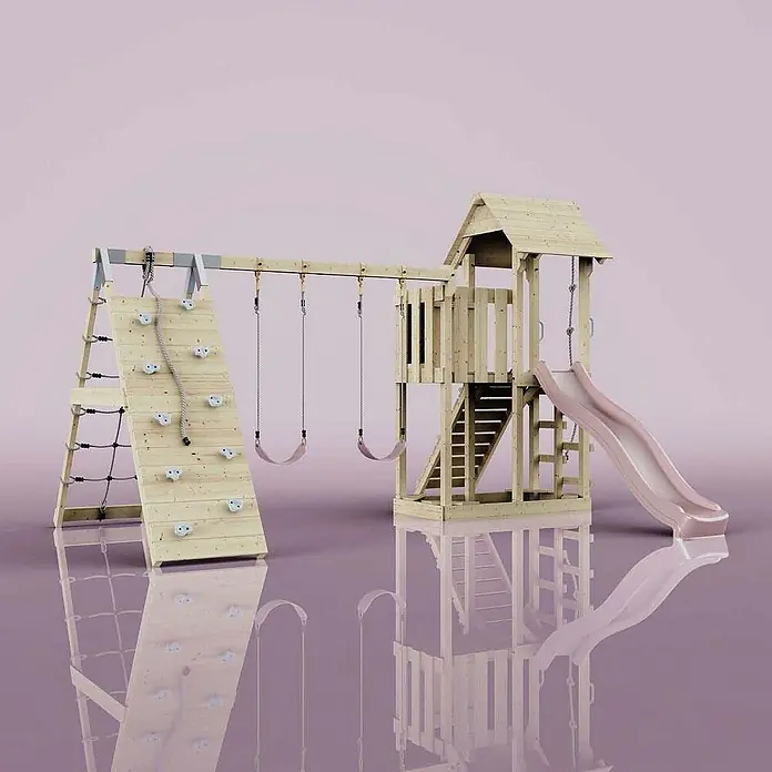 OutdoorToys Klettergerüst Roskilde - Holz, Rosa - Ein Spielplatz aus Holz mit Schaukeln, Kletterwand und Rutsche. Das perfekte Spielgerät für den Garten, um Kinder zu beschäftigen.
