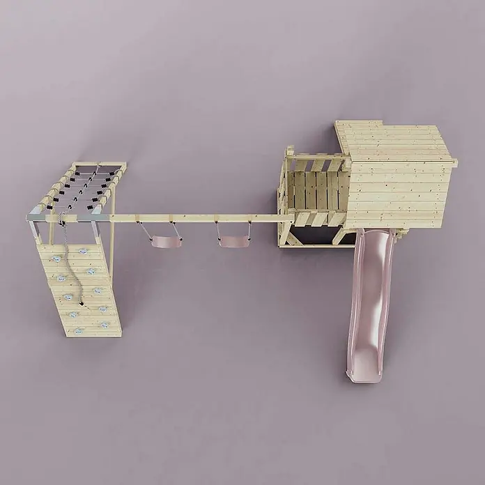 OutdoorToys Klettergerüst Roskilde - Holz, Rosa - Klettergerüst mit Schaukeln und Rutsche.
