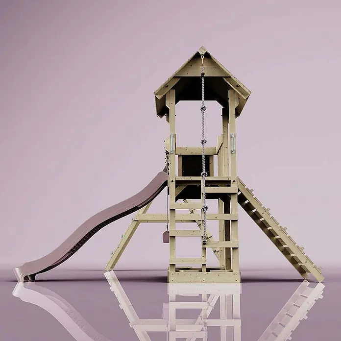 OutdoorToys Klettergerüst Roskilde - Holz, Rosa - Hölzerner Spielturm mit Rutsche, Leiter und Kletterseil. Ideal für Kinder zum Spielen im Garten. Robuste Konstruktion für sicheren Spaß.