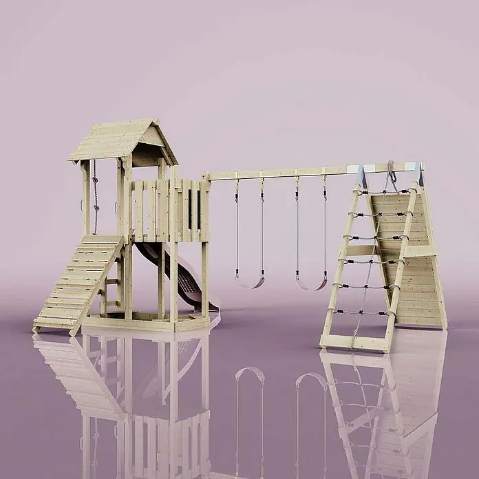 OutdoorToys Klettergerüst Roskilde - Holz, Rosa - Abenteuerlicher Spielplatz mit Rutsche, Schaukeln und Kletterwand. Perfekt für stundenlangen Spaß im Freien, fördert Bewegung und Kreativität.