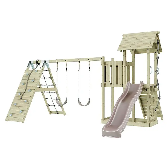 OutdoorToys Klettergerüst Roskilde - Holz, Rosa - Ein hölzernes Spielgerüst mit Kletterwand, Schaukeln und Rutsche, ideal für stundenlangen Spielspaß im Garten.