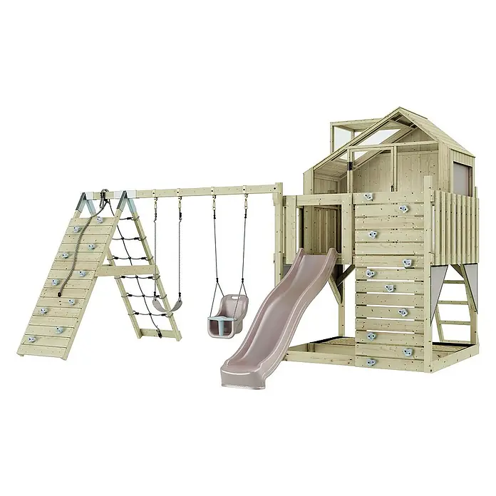 OutdoorToys Klettergerüst Oscar - 472 x 415 x 292 cm, Holz, Rosa - Holzspielplatz mit Schaukeln, Rutsche, Kletterwand & Spielhaus für Kinder, ideal für den Garten.