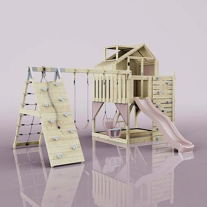 OutdoorToys Klettergerüst Oscar - 472 x 415 x 292 cm, Holz, Rosa - Produktansicht eines hölzernen Kinderspielhauses mit Kletterwand, Schaukeln und Rutsche, ideal für den Garten.
