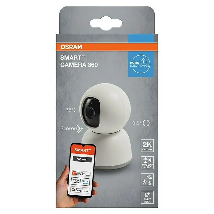 Osram Smart+ Überwachungskamera 360 - Passend für: Alarmsystem, Smart Home System - Produktverpackung für die OSRAM SMART+ Camera 360, einer smarten Überwachungskamera mit 2K-Auflösung, Zwei-Wege-Audio und Nachtsicht.