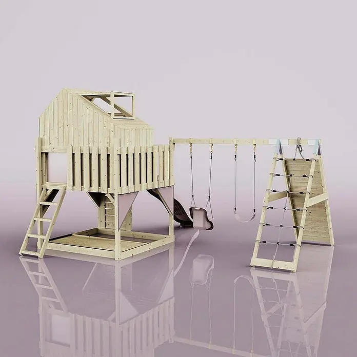 OutdoorToys Klettergerüst Oscar - 472 x 415 x 292 cm, Holz, Rosa - Hölzernes Spielhaus mit Schaukel und Kletterwand, ideal für den Garten. Das naturbelassene Design fügt sich perfekt in jede Umgebung ein.