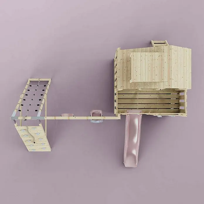 OutdoorToys Klettergerüst Oscar - 472 x 415 x 292 cm, Holz, Rosa - Draufsicht auf einen hölzernen Kinderspielplatz mit Kletterwand, Rutsche und Strickleiter.