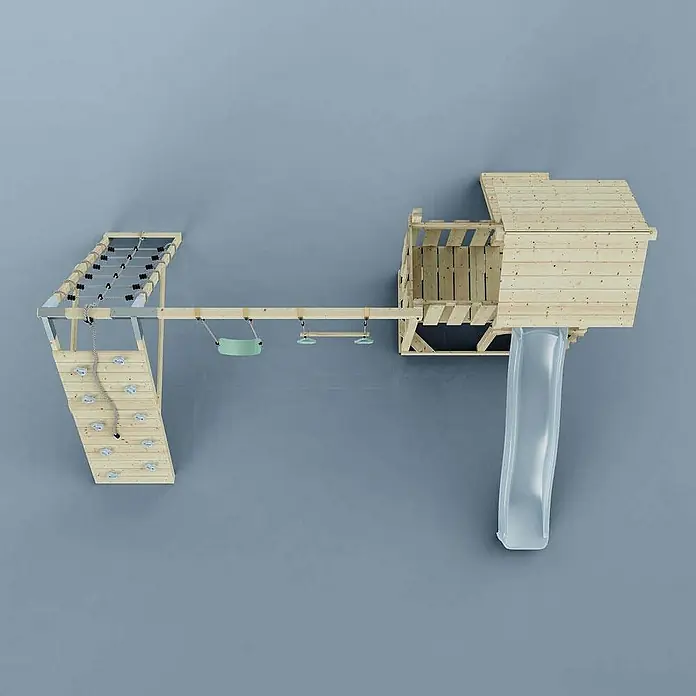 OutdoorToys Klettergerüst Roskilde - Holz, Blau - Ansicht von oben auf ein Spielhaus mit Rutsche, Kletterwand, Schaukel und Hangleiter. Perfekt für Kinder zum Spielen im Garten.