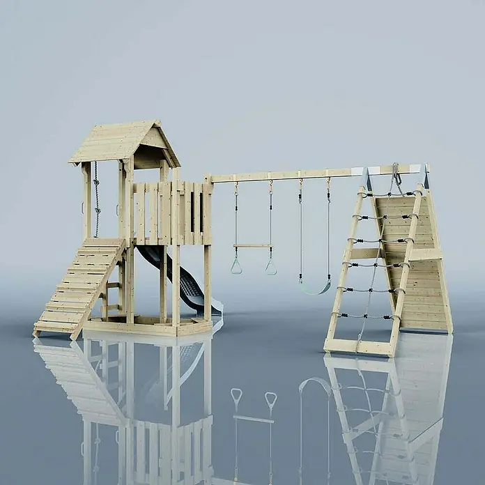 OutdoorToys Klettergerüst Roskilde - Holz, Blau - Ein vielseitiges Spielgerät aus Holz mit Turm, Rutsche, Schaukel und Kletterwand für stundenlangen Spielspaß im Freien.